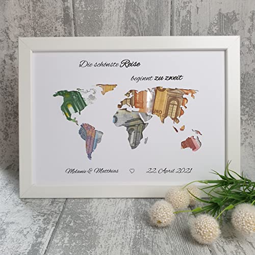 personalisiertes Geldgeschenk zur Hochzeit - Motiv "Weltkarte" (1 - mit Bilderrahmen in weiß) - Geschenkapp