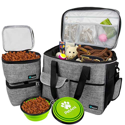 PetAmi Hunde-Reisetasche | von Fluggesellschaften zugelassene Tragetasche mit Multifunktionstaschen, Futterbehälter und faltbarer Schüssel perfektes Wochenend-Reise-Set für Hunde, Katzen (grau, groß) - Geschenkapp