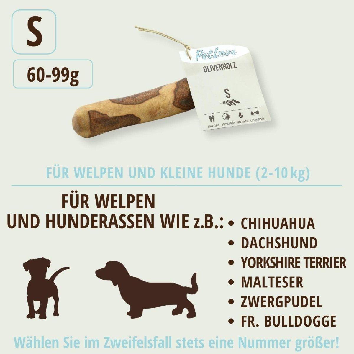 PetLove Kauholz für Hunde aus Olivenholz • Holzknochen als Hundespielzeug • Kauknochen als Zahnpflege & Kauspielzeug für Hund • Größe: S (60-99g) - Geschenkapp