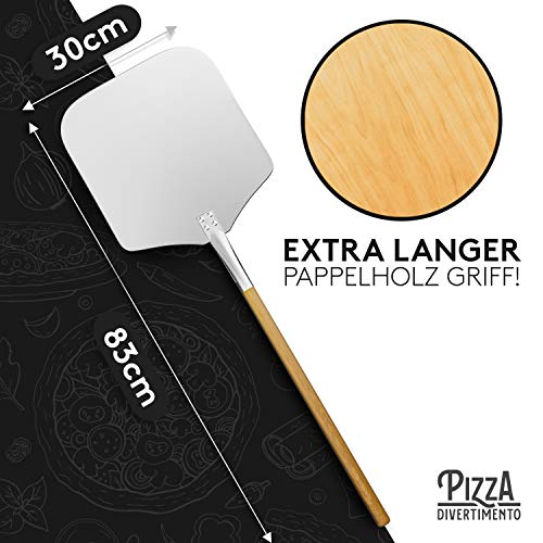 Pizza Divertimento [DAS ORIGINAL - Pizzaschieber - Pizzaschaufel aus rostfreiem Aluminium [83 cm]- Robustes Gewinde - Pizzaheber mit abgerundeten Kanten - Inkl. e-Rezeptbuch - Geschenkapp