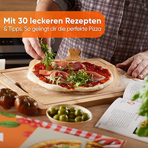 Pizza Mondo® Pizzastein für Backofen, Grill & Gasgrill (inkl. Pizzaheber & Rezeptbuch) Original Steinofen Erlebnis dank bester Qualität - Eckig 1,5 cm - Geschenkapp