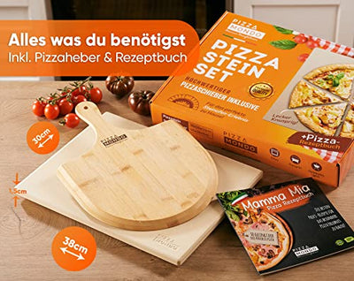 Pizza Mondo® Pizzastein für Backofen, Grill & Gasgrill (inkl. Pizzaheber & Rezeptbuch) Original Steinofen Erlebnis dank bester Qualität - Eckig 1,5 cm - Geschenkapp