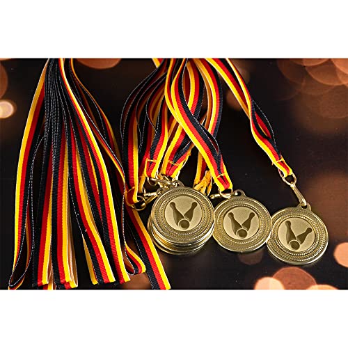Pokal-Fabrik.de - 10 Stück Bowling Medaillen Kindergeburtstag aus Metall mit Band und Emblem für Kinder als Mitgebsel - mit schwarz rot goldenem Band - Geschenkapp