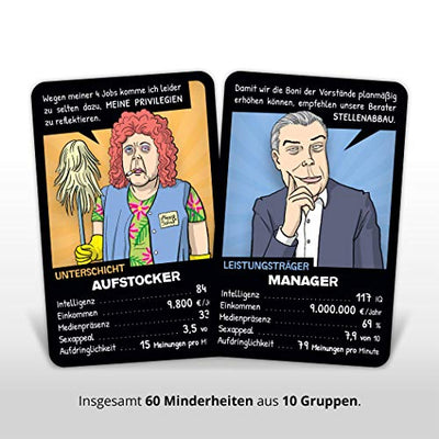 Postillon Games Minderheiten-Quartett, EIN Kartenspiel voller Vorurteile. Der Satire-Klassiker. 100% schwarzer Humor. - Geschenkapp