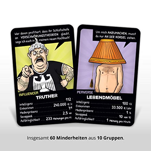 Postillon Games Minderheiten-Quartett, EIN Kartenspiel voller Vorurteile. Der Satire-Klassiker. 100% schwarzer Humor. - Geschenkapp