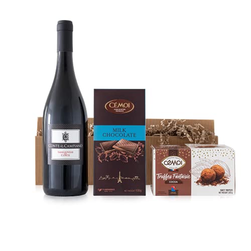 Präsentkorb „Gaumenfreude“ Italienischer Rotwein Sangiovese und französische Schokoladentrüffel und Vollmilchschokolade als Geschenkset - Geschenkapp