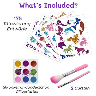 Purple Ladybug Glitzer Tattoo Set Kinder - 9 Glitzerfarben mit 175 Kinder Tattoo Designs - Tolle Geburtstagsgeschenk für Mädchen - Temporary Tattoo Geschenk Für Mädchen 6 7 8 9 10 Jahre - Geschenkapp