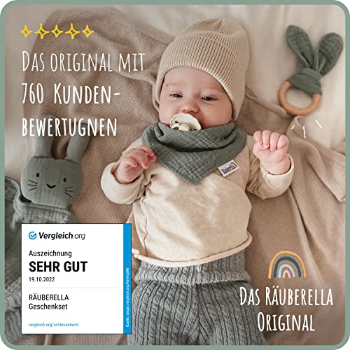 Räuberella® Baby Geschenk Junge & Mädchen + Gratis Geschenkkarte/Schmusetuch, Beißring und Lätzchen/Geschenk zur Geburt - Geschenkapp