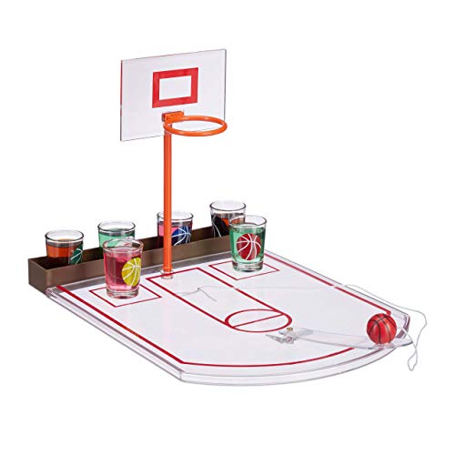 Relaxdays Basketball, transparent Trinkspiel, lustig, 6 Glas Shotgläser, Korb + Ball, Partyspiel HxBxT 22,5 x 24 x 44 cm, Standard - Geschenkapp