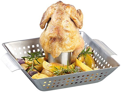 Rosenstein & Söhne Hähnchengriller: BBQ-Hähnchen-Griller mit Aroma-Behälter für ganze Hähnchen (Hähnchengriller mit Aromabehälter) - Geschenkapp