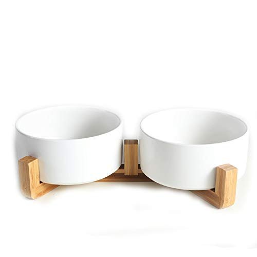 Runder Keramiknapf für Hunde und Katzen, langlebig, Keramik, mit Holzständer, 800 ml, Weiß x 2 - Geschenkapp