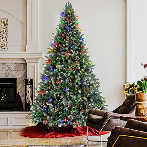 SHareconn 180 cm Weihnachtsbaum künstlich Scharnier Weihnachtsbaum mit Beleuchtung 330 Warmweißen und Mehrfarbigen Lichtern,1627 Schneeflockenzweigen, Pine Frucht und roten Beeren Perfekte Dekoration - Geschenkapp