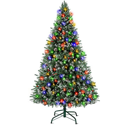 SHareconn 180 cm Weihnachtsbaum künstlich Scharnier Weihnachtsbaum mit Beleuchtung 330 Warmweißen und Mehrfarbigen Lichtern,1627 Schneeflockenzweigen, Pine Frucht und roten Beeren Perfekte Dekoration - Geschenkapp