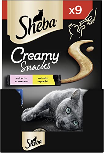 Sheba Creamy Snacks – Cremiges Katzen-Leckerli mit Huhn & Lachs – Praktische Sticks zum aus der Hand Schlecken – 7 x 9 x 12g - Geschenkapp