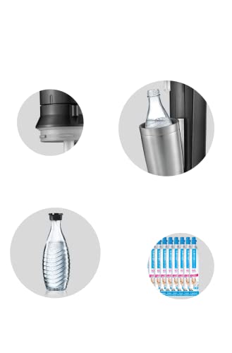 SodaStream Crystal 2.0, mit spülmaschinenfester Glasflasche für Ihr Sodawasser inkl. 1 Zylinder und 1 Glaskaraffe 0,6l Farbe: Titan/Silber, Gebürsteter Stahl, 130 cm - Geschenkapp