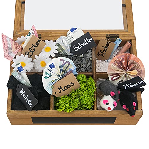 SURPRISA Schotter Schatulle 6er - kreative Verpackung für Geldgeschenke und persönliche Geschenkbox zum Geburtstag oder zur Hochzeit - Pinienholz - Geschenkapp