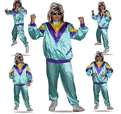 TK Gruppe Timo Klingler 6 in 1 Vokuhila Set 80er Outfit Kostüm mit Unisex Trainingsanzug, Assi Perücke, Goldkette, Brille - für Fasching & Karneval - Geschenkapp