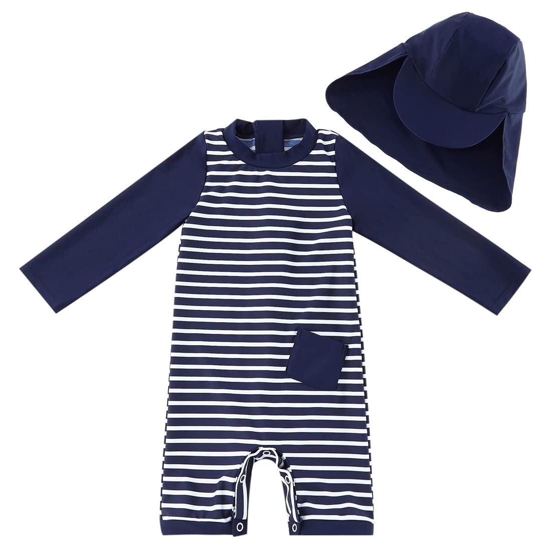 UMELOK Baby Badeanzug mit Sonnenhut UV Schutz 50+ Einteilige Schwimmanzug für Junge (Blau Streifen, 6-9 Monate/68-74 cm) - Geschenkapp
