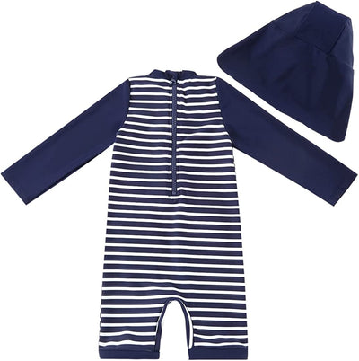 UMELOK Baby Badeanzug mit Sonnenhut UV Schutz 50+ Einteilige Schwimmanzug für Junge (Blau Streifen, 6-9 Monate/68-74 cm) - Geschenkapp