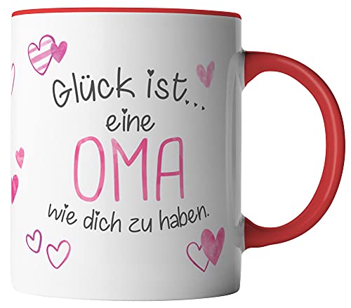 vanVerden Tasse - Glück ist eine Oma wie dich zu haben - Geschenk zum Muttertag - beidseitig Bedruckt - Idee Kaffeetassen, Tassenfarbe:Weiß/Rot - Geschenkapp