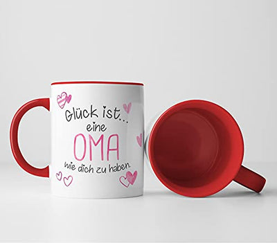 vanVerden Tasse - Glück ist eine Oma wie dich zu haben - Geschenk zum Muttertag - beidseitig Bedruckt - Idee Kaffeetassen, Tassenfarbe:Weiß/Rot - Geschenkapp