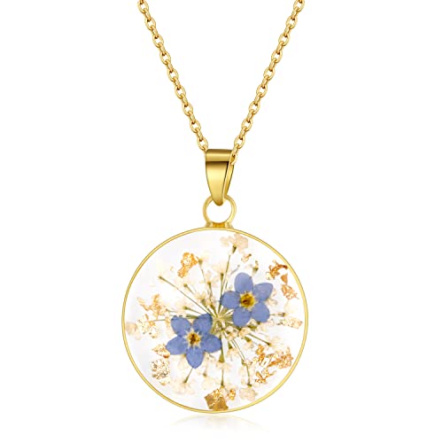 Vergissmeinnicht und Queen Anne's Lace Gepresste Wildblume Halskette | Gold gepresste Blume Halskette | Personalisierte handgefertigte Halsketten | Echte Blume Halskette | 45cm - Geschenkapp