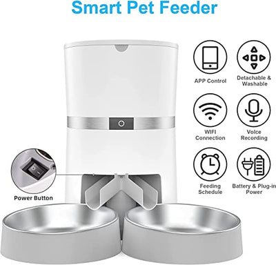 WellToBe Smart Futterautomat Katze & Hund, WiFi Automatischer Futterspender für 2 Katze, Pet Feeder mit Timer , Ton-Aufnahmefunktion, App-Steuerung, Portion Steuerung, zu 6 Mahlzeiten am Tag - Geschenkapp