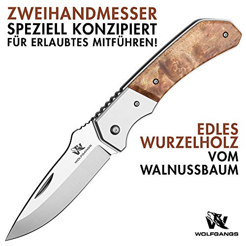 Wolfgangs MUTATIO Zweihand Klappmesser aus feinstem 440C Stahl - Outdoor Messer mit hochwertigem Wurzelholz Griff - Das perfekte Survival Messer oder Camping Messer - inkl. Echt-Leder Gürteltasche - Geschenkapp