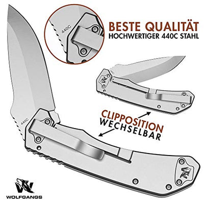 Wolfgangs MUTATIO Zweihand Klappmesser aus feinstem 440C Stahl - Outdoor Messer mit hochwertigem Wurzelholz Griff - Das perfekte Survival Messer oder Camping Messer - inkl. Echt-Leder Gürteltasche - Geschenkapp