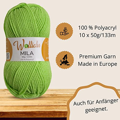 Wollidu Mila Garn zum Häkeln und Stricken 10 x 50g/133m Strickgarn 100% Polyacryl Häkelgarn Hellgrün Kiwi Grün - Geschenkapp