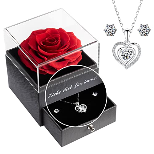 Yamonic Echte Rose mit Halskette, Freundin,Ewige Rose Geschenke für Frauen,Jahrestag Geschenk für sie,Liebe Dich für Immer,, Rot - Geschenkapp