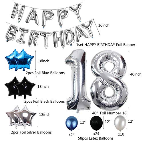 Yoart 18. Geburtstag Dekorationen, 18. Geburtstag Party Ballons blau Silber für Mädchen, Jungen, Frauen, Männer - Geschenkapp