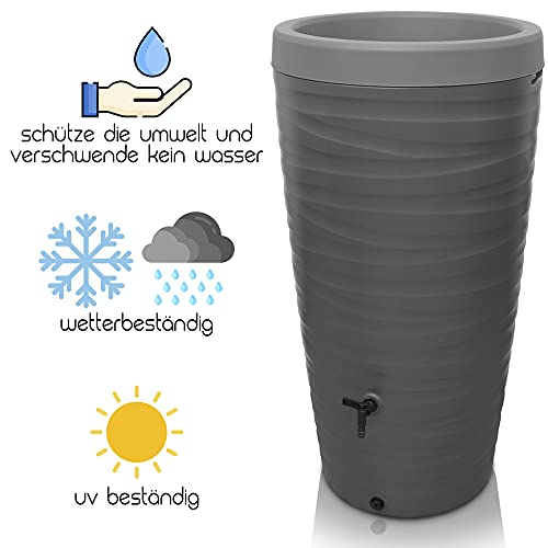 YourCasa Regentonne 240 Liter [Wave Design] Regenfass Frostsicher aus Kunststoff - Regenwassertonne mit Wasserhahn - Regenwassertank Garten (Grau) - Geschenkapp