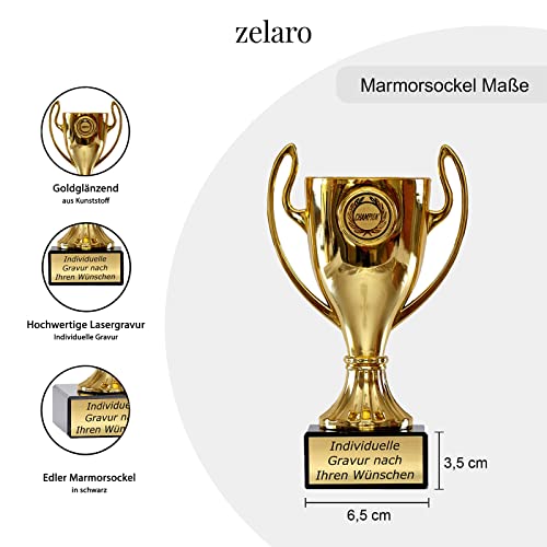 Zelaro Pokal in Gold mit Wunschtext - Trophäe für Kinder - Henkelpokal als Geschenk für Frauen und Männer mit Embleme DREI Größen (16cm) - Geschenkapp