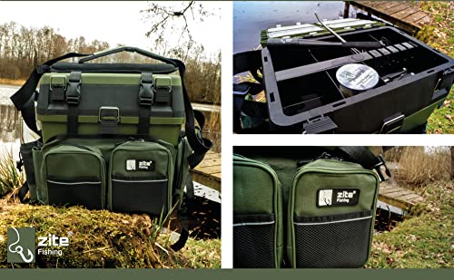 Zite Fishing Multi Angel-Koffer-Rucksack & Sitz-Kiepe in 1 - Inklusive 4 Tackle-Boxen für Angelzubehör im Deckel - Geschenkapp