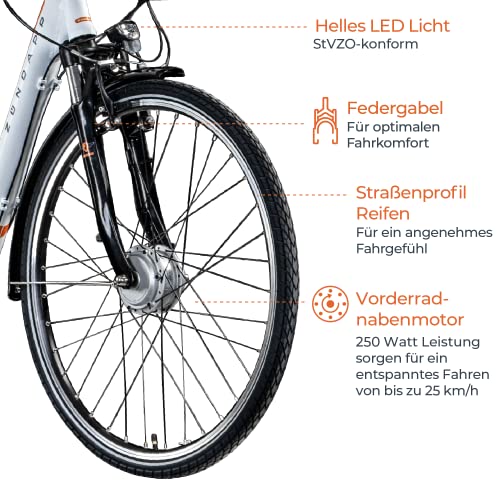 ZÜNDAPP E Damenrad 700c E-Bike Pedelec Z510 Citybike Elektrofahrrad 28" Fahrrad (weiß/orange, 48 cm) - Geschenkapp