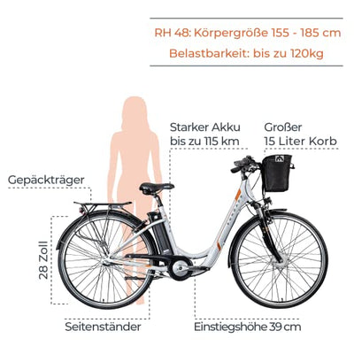 ZÜNDAPP E Damenrad 700c E-Bike Pedelec Z510 Citybike Elektrofahrrad 28" Fahrrad (weiß/orange, 48 cm) - Geschenkapp